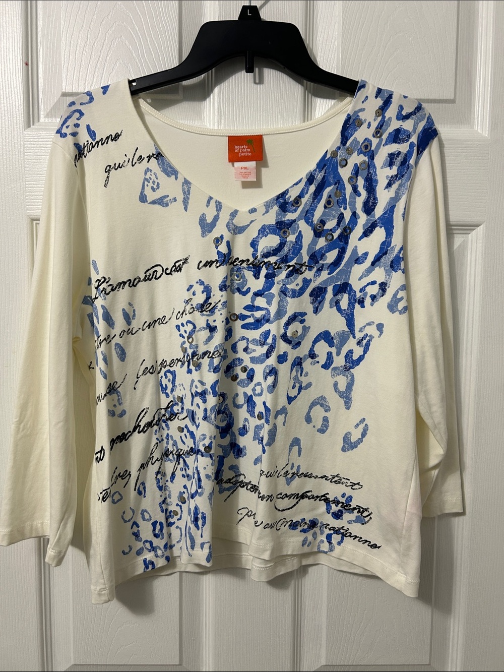 Hearts of Palm PetiteCream Long-Sleeve Top with Blue Abstract Leopard and Script